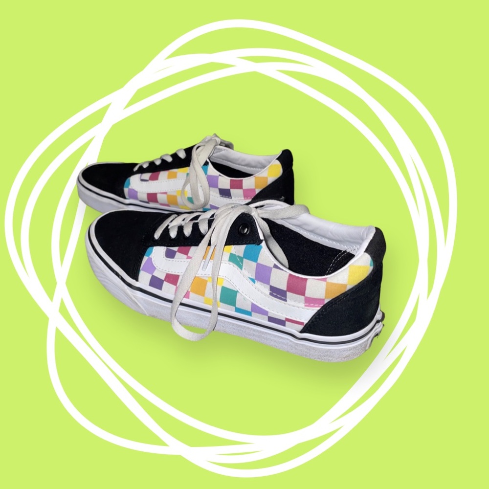 Rainbow checkered Vans Old Skool. Size women’s 8. Excellent condition.